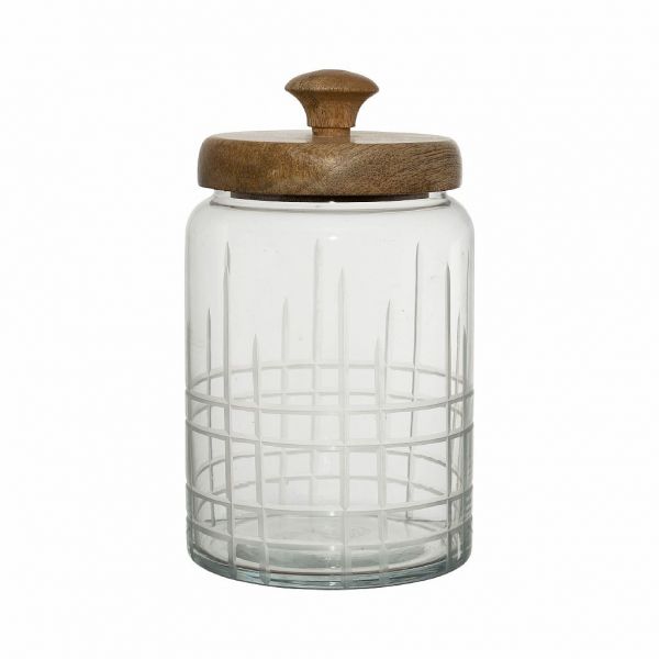 Бонбоньерка, СТЕКЛО+МАССИВ ДЕРЕВА МАНГО., COMPTOIR DE FAMILLE,  ENGRAVED JAR W/LID CAR-CIMENT  D12XH21 GLASS+MANGO, АРТИКУЛ 201060