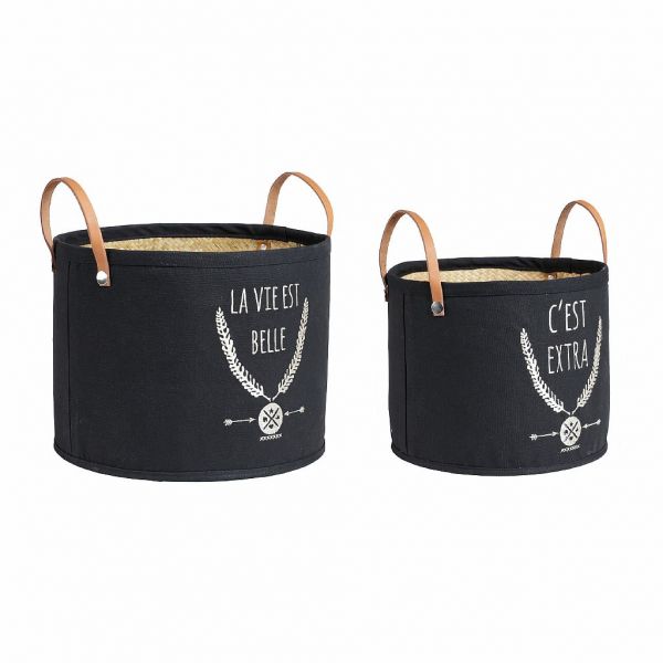 НАБОР КОРЗИН ДЛЯ ЖУРНАЛОВ 2 ШТ. СОЛОМКА 100% ХЛОПОК КОЖА D36X28+D32X25 арт 462660